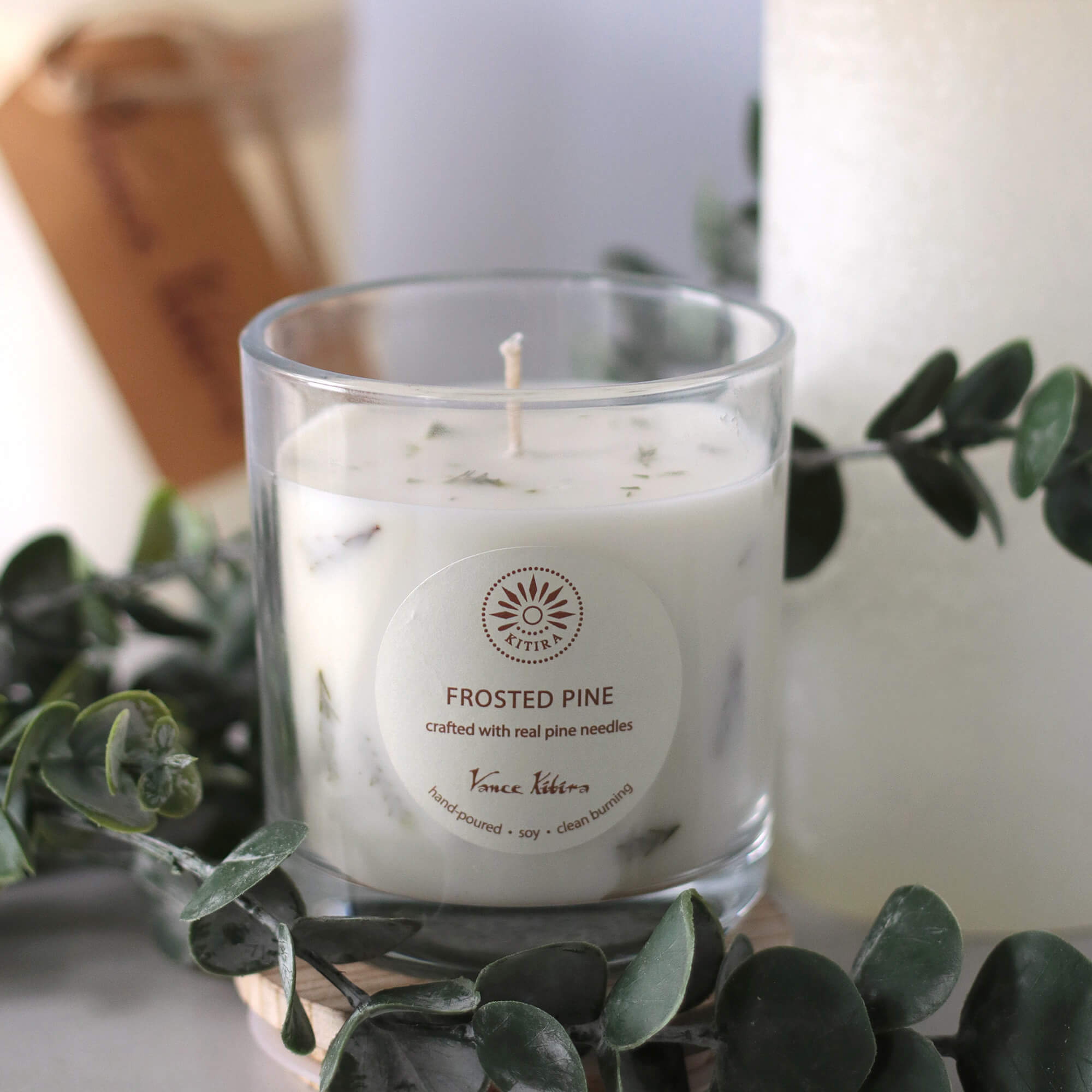 Vance Kitira Frosted Pine Scented Soy Candle | Crafted with Real Pine Needles | Eco-Friendly 30 Hour Clean Burning