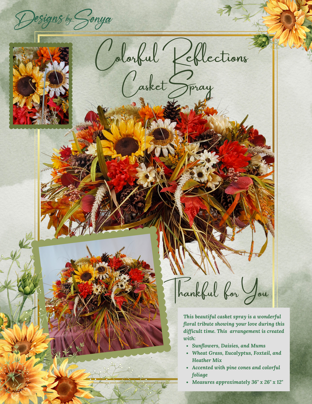 Fall Headstone Saddle Product Display
Close-up of artificial fall headstone saddle featuring sunflowers, daisies, mums, and autumn leaves with cascading wheat grass on mauve draping.