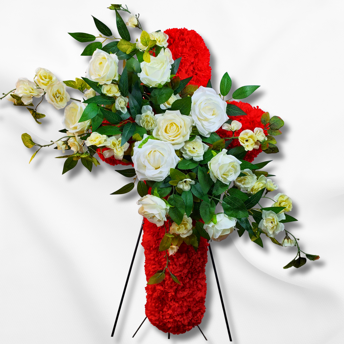 Greatest Love Standing Funeral Cross with White Roses
