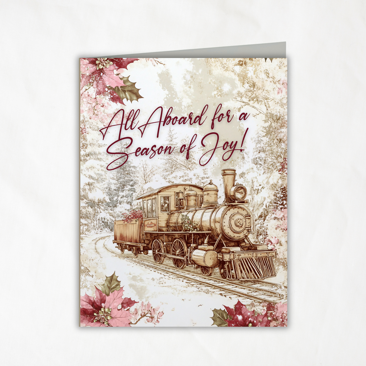 Vintage Christmas Train Printable Card • A2 (4.25" x 5.5") Folded Holiday Greeting Note Card • Railway Steam Engine Art • Winter Stationery