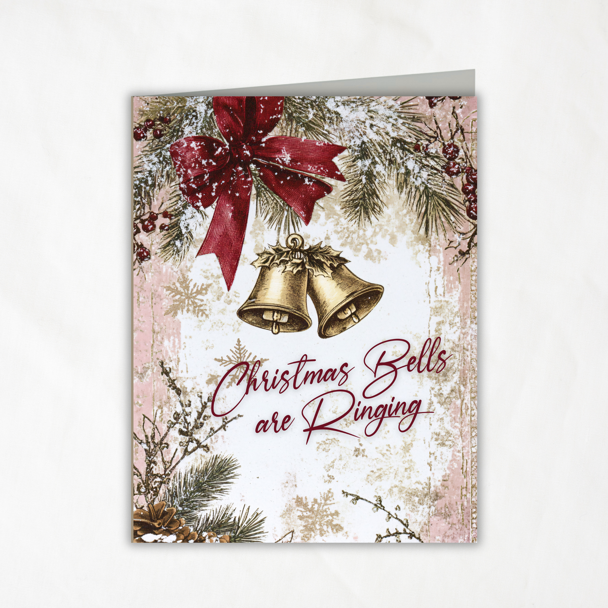 Christmas Bells Printable Card • A2 (4.25" x 5.5") Folded Holiday Greeting Note Card • Festive Bell Art • Winter Pine & Bow • Christmas Stationery